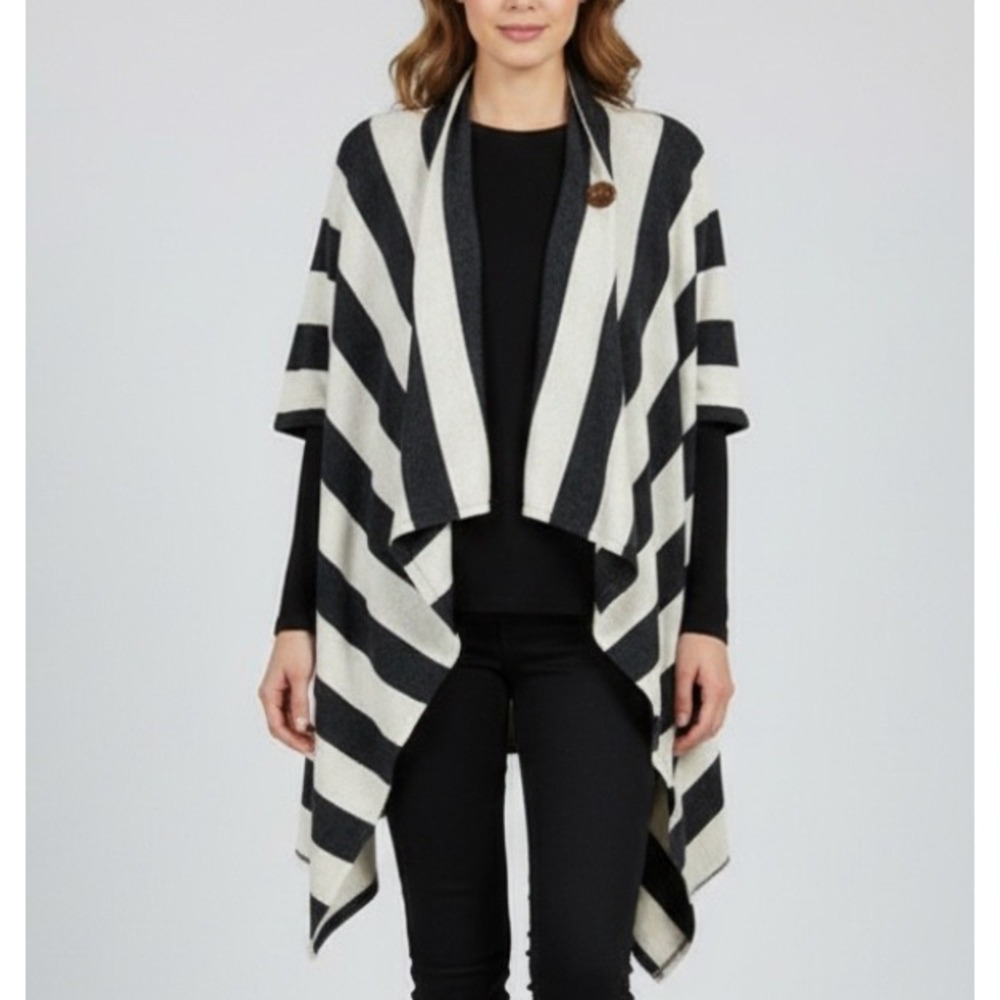 CHERISH Sweater Cardigan GRAY/CREAM STRIPES Very Soft ONE BUTTON SEMI-OPEN sz S